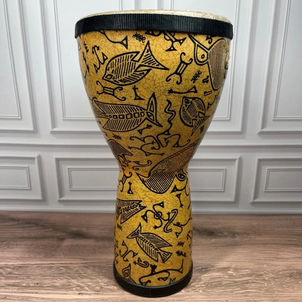 Remo Djembe Hand Drum Yellow Black Petroglyph Fish Bird Print 14